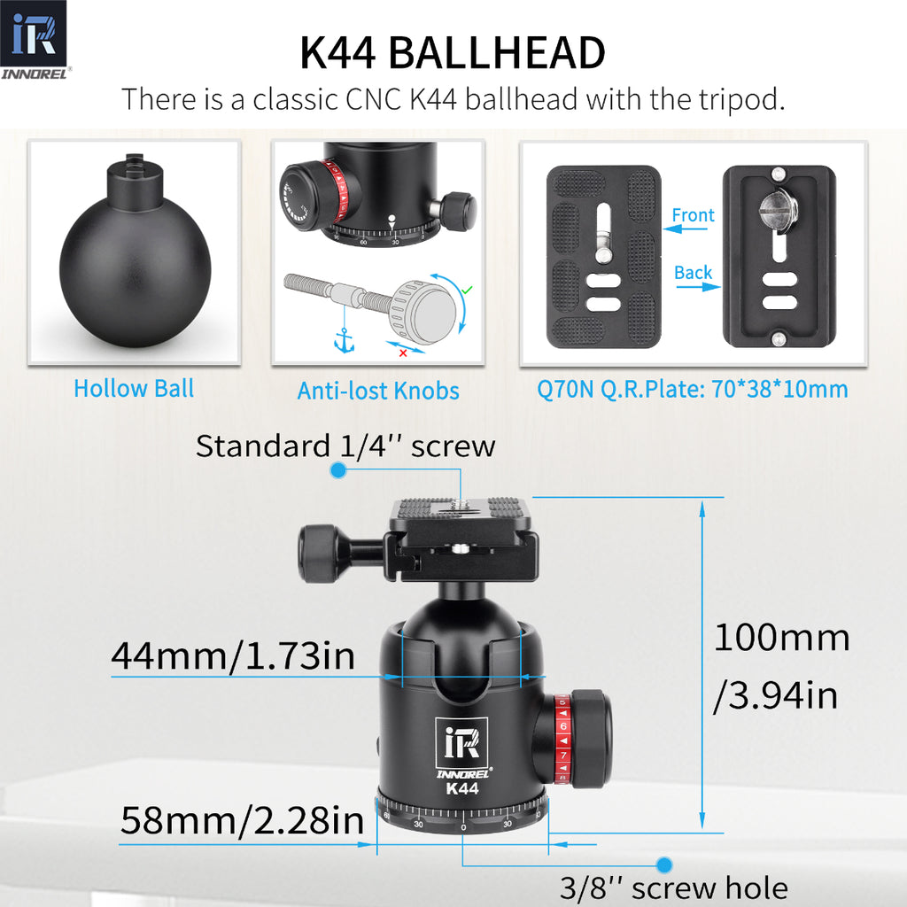 INNOREL K44 ballhead with Q70 Q.R.Plate features U Notch hollow ball anti-lost knobs