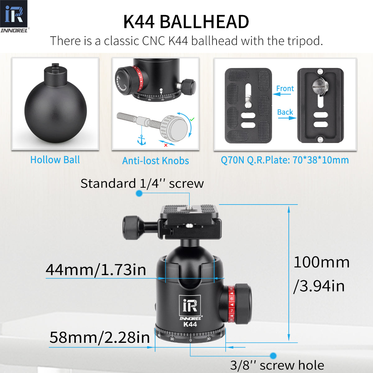 INNOREL K44 ballhead with Q70 Q.R.Plate features U Notch hollow ball anti-lost knobs