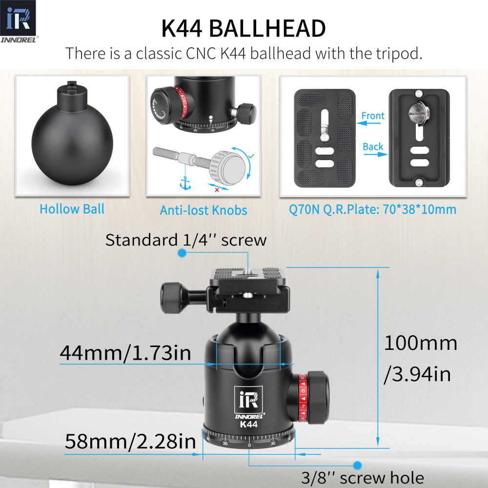 INNOREL K44 dia 44mm ballhead with width 55mm height 100mm features U notch hollow ball Q70N Q.R.Plate anti-lost knobs