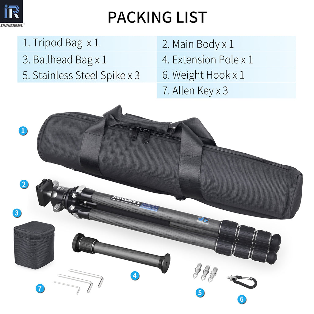 INNOREL KT254C tripod package contents tripod D36 ballhead quick release plate tripod bag allen key weight hook