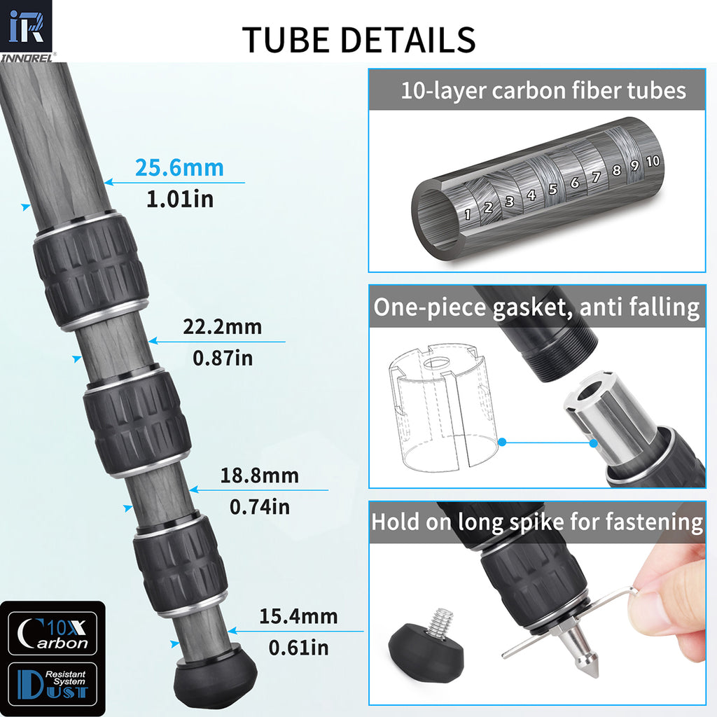 INNOREL KT254C camera tripod with 10-layer carbon fiber tubes