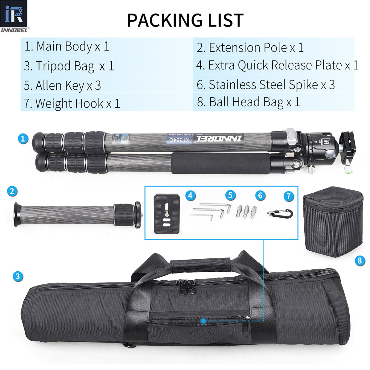 INNOREL KT364C tripod package contents tripod N52 ballhead quick release plate tripod bag allen key weight hook