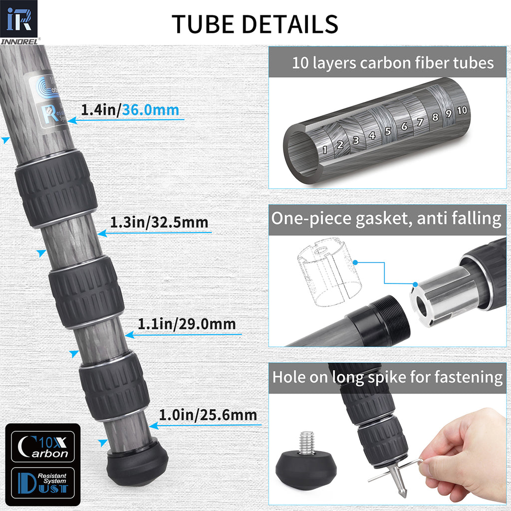 INNOREL KT364C camera tripod with 10-layer carbon fiber tubes 36mm max tube