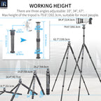 KT364C lightweight tripod extends from compact 22.1cm to full 202.3cm working height with center column
