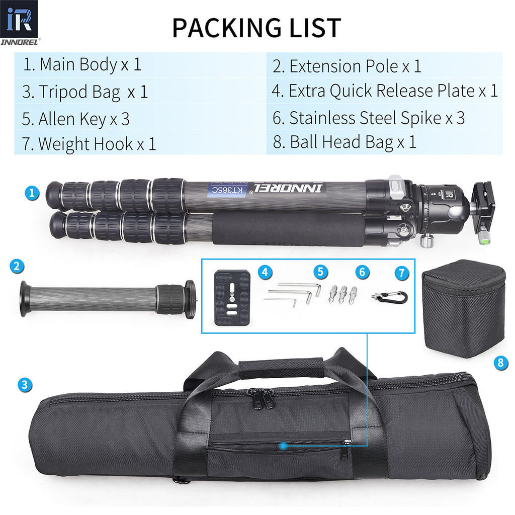 INNOREL KT365C tripod package contents tripod N52 ballhead quick release plate tripod bag allen key weight hook