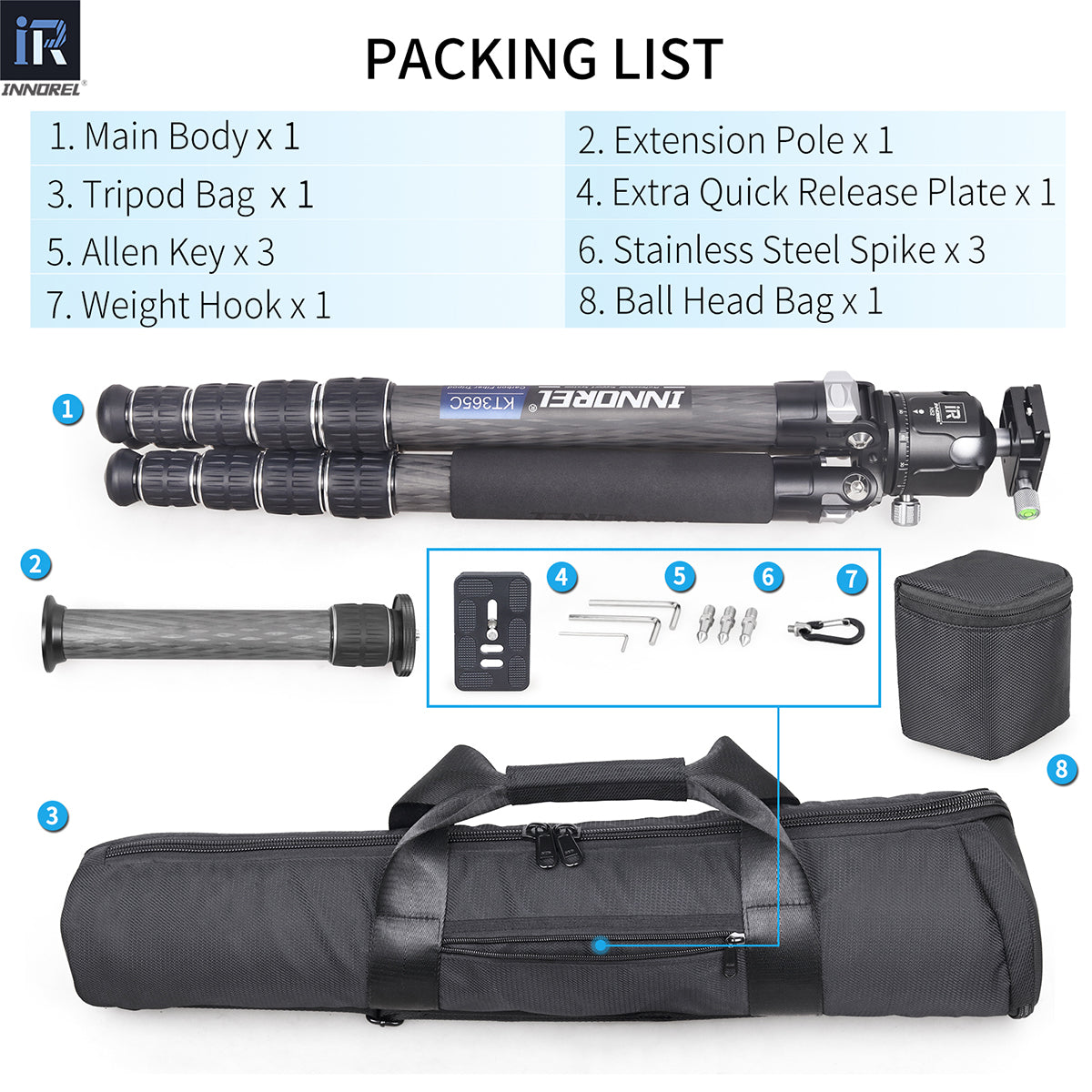 INNOREL KT365C tripod package contents tripod N52 ballhead quick release plate tripod bag allen key weight hook