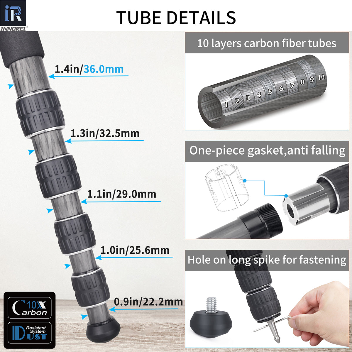 INNOREL KT365C camera tripod with 10-layer carbon fiber tubes 36mm max tube