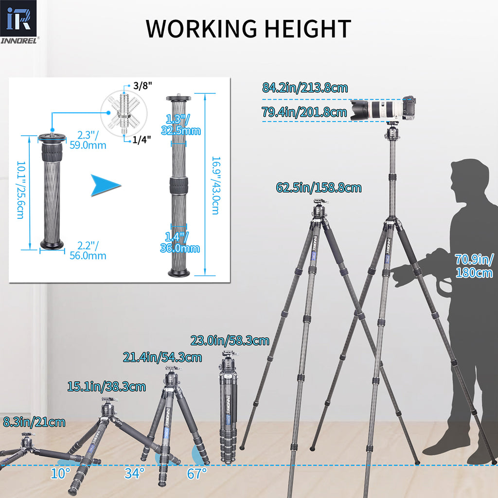 KT365C heavy duty tripod extends from compact 21cm to full 201.8cm working height with center column
