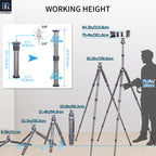 KT365C heavy duty tripod extends from compact 21cm to full 201.8cm working height with center column