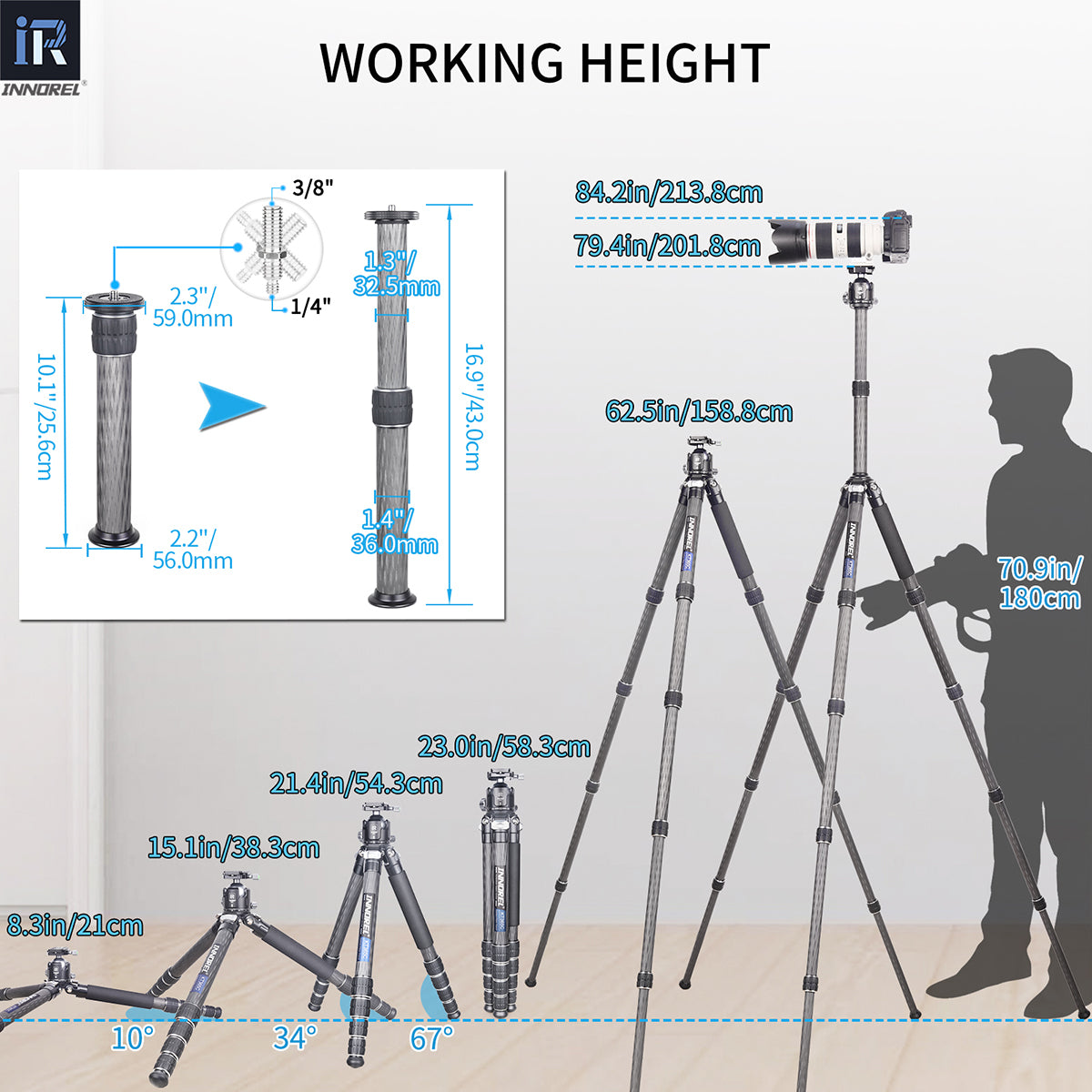 KT365C heavy duty tripod extends from compact 21cm to full 201.8cm working height with center column