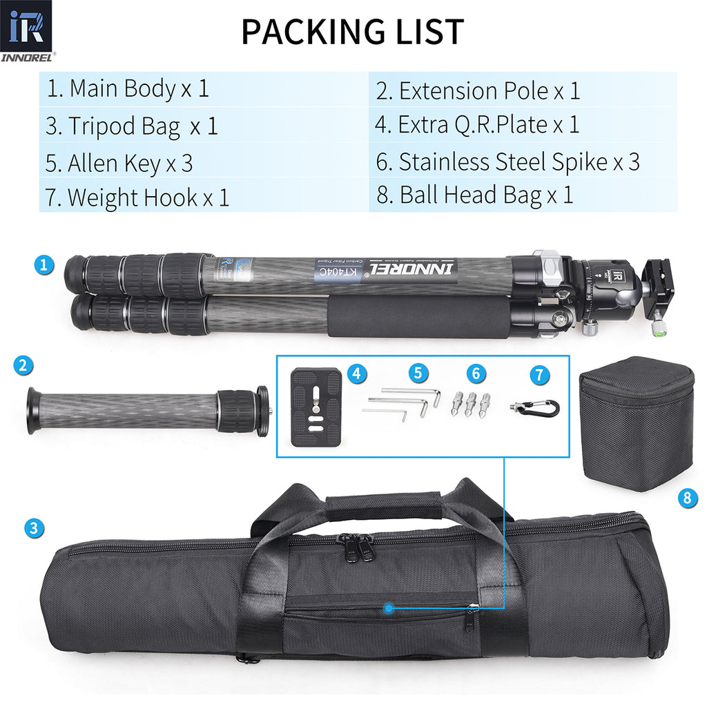 INNOREL KT404C tripod package contents tripod N52 ballhead quick release plate tripod bag allen key weight hook
