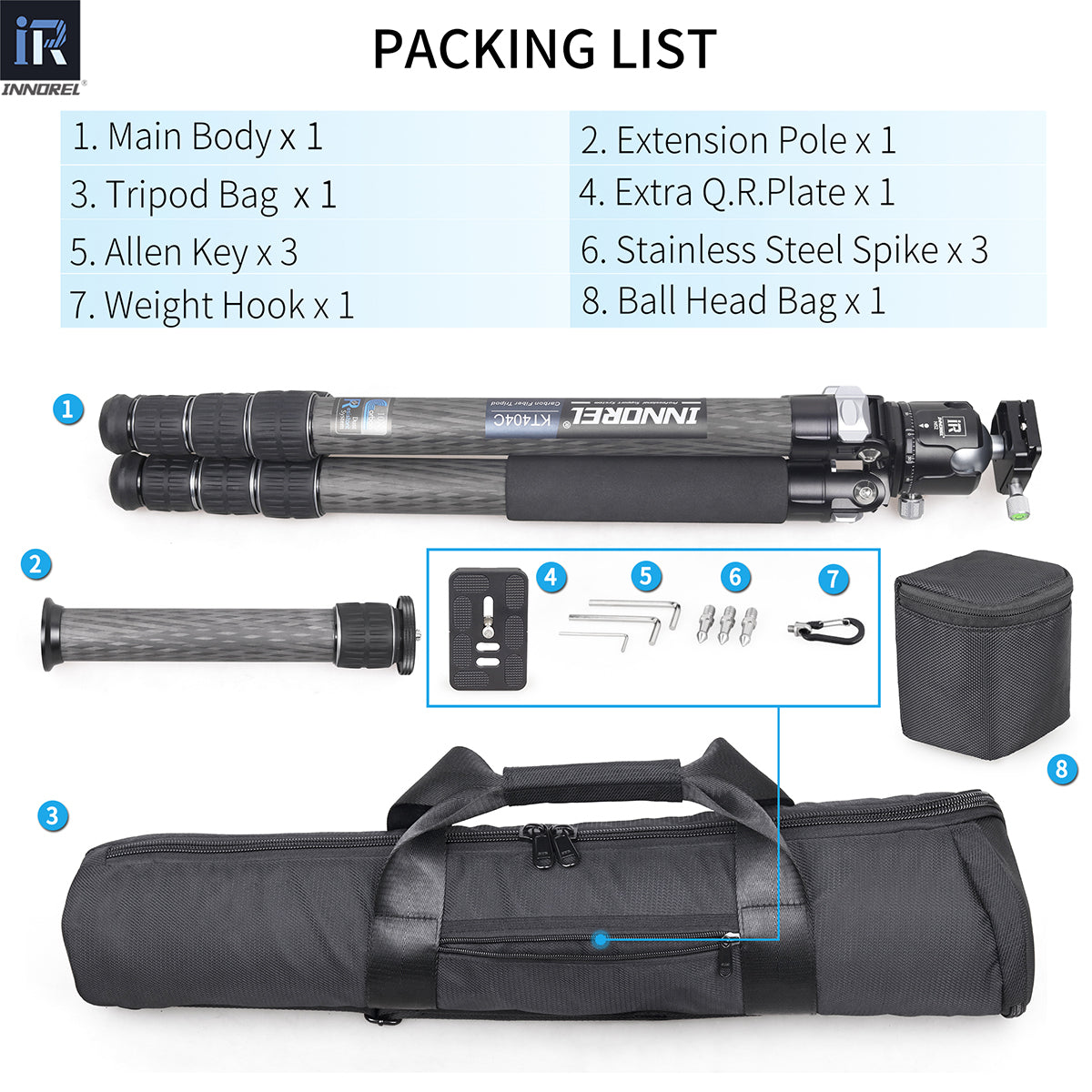 INNOREL KT404C tripod package contents tripod N52 ballhead quick release plate tripod bag allen key weight hook