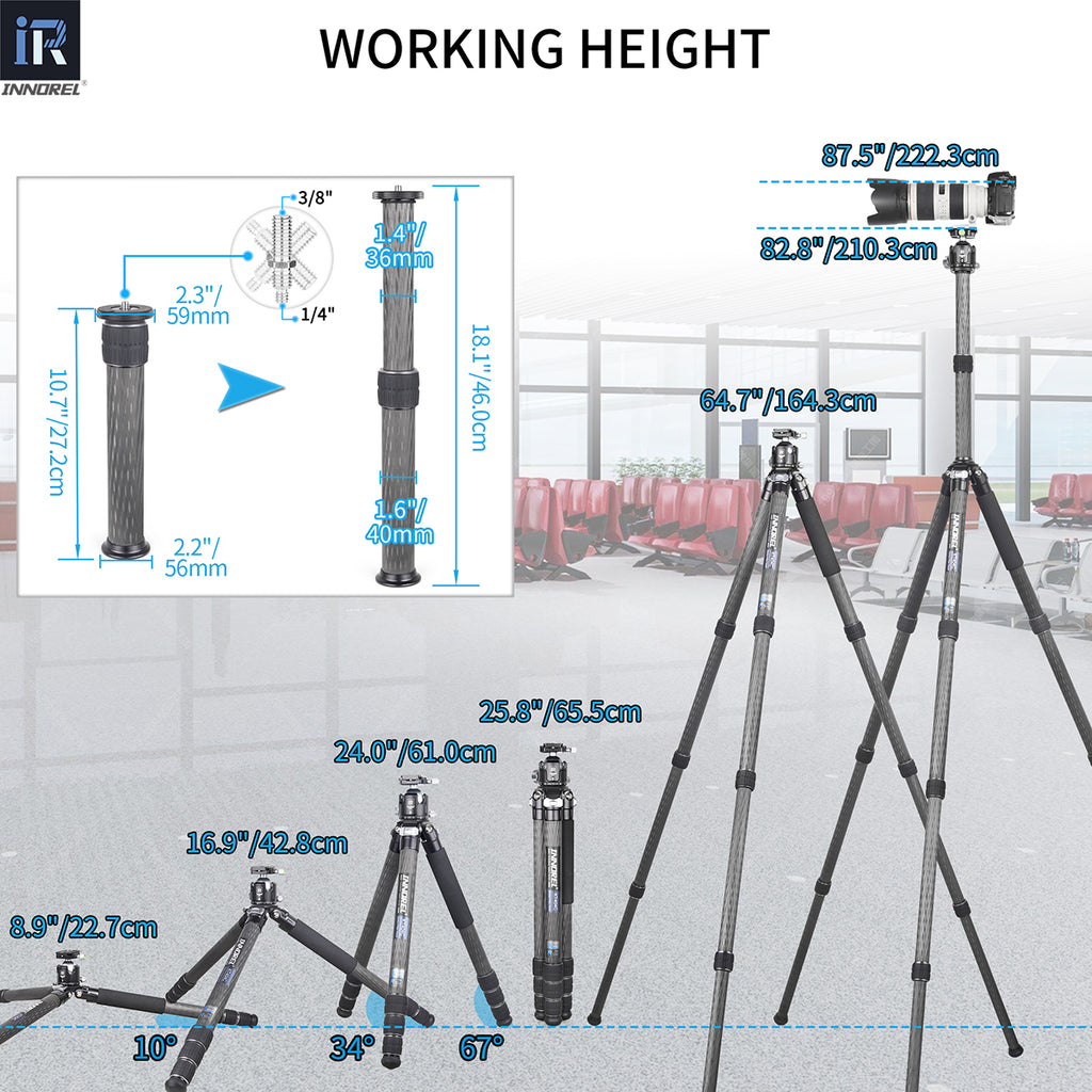 KT404C lightweight tripod extends from compact 22.7cm to full 210.3cm working height with center column