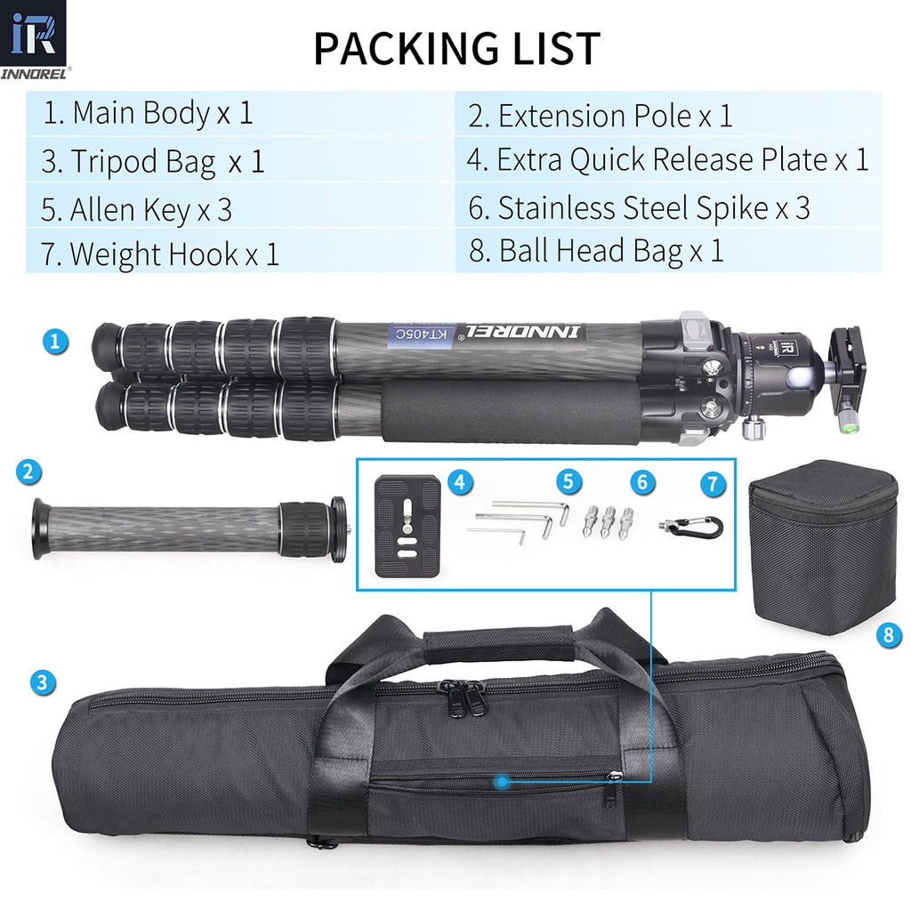 INNOREL KT405C tripod package contents tripod N52 ballhead quick release plate tripod bag allen key weight hook