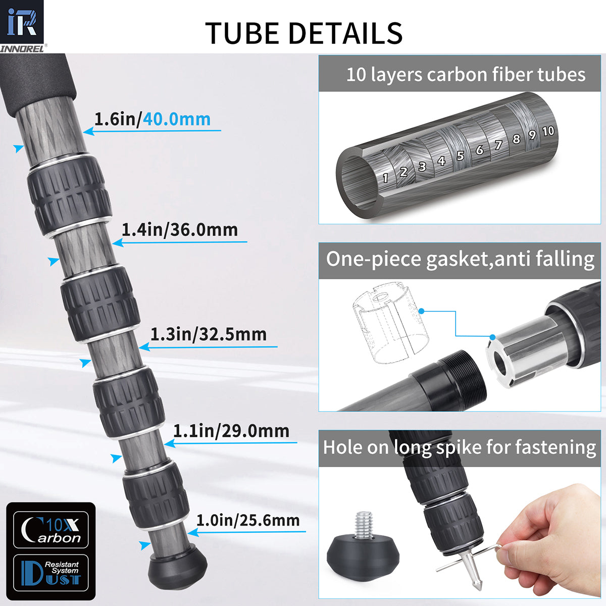 INNOREL KT405C camera tripod with 10-layer carbon fiber tubes 40mm max tube
