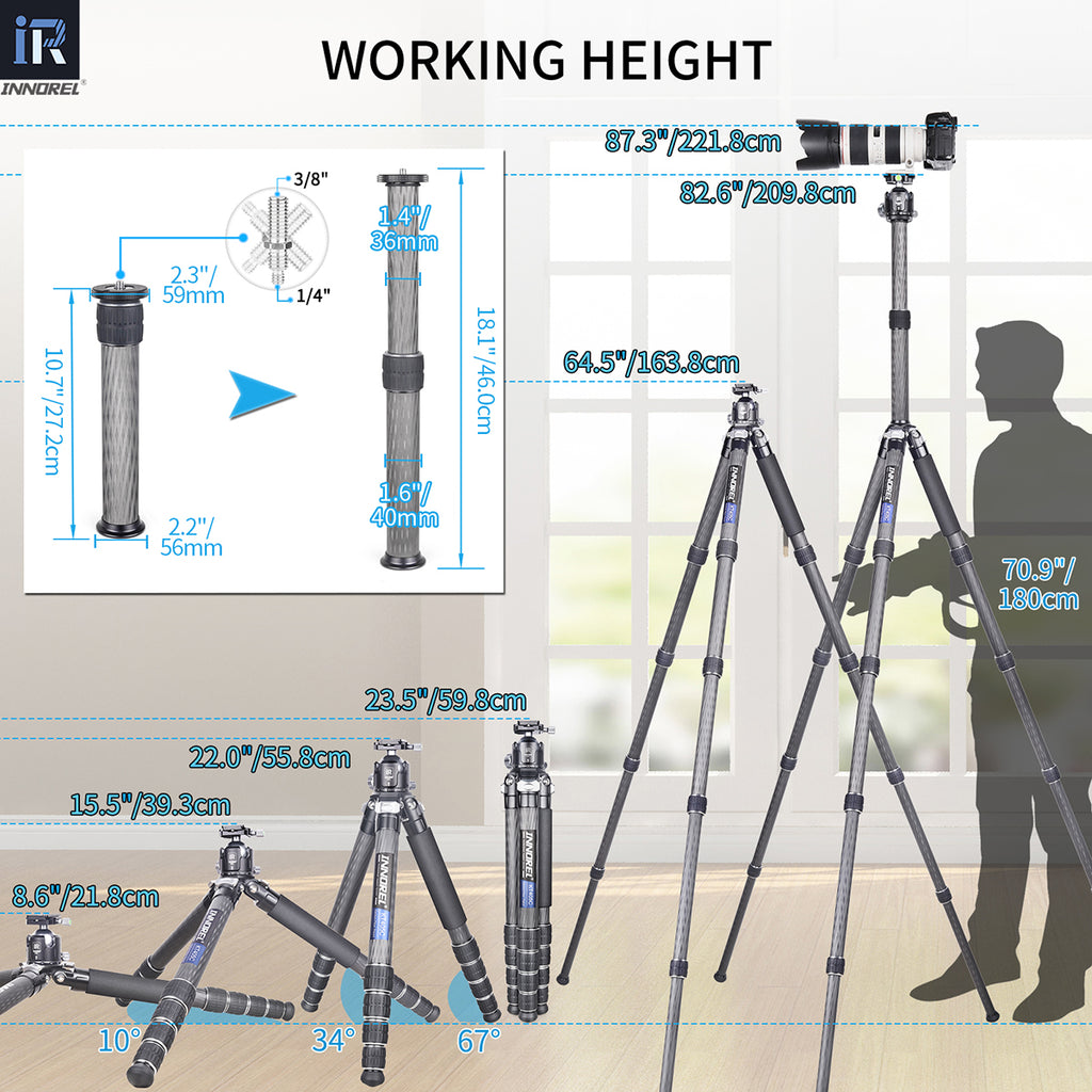 KT405C heavy duty tripod extends from compact 21.8cm to full 209.8cm working height with center column