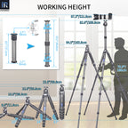 KT405C heavy duty tripod extends from compact 21.8cm to full 209.8cm working height with center column