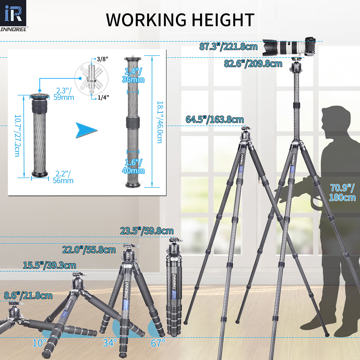 KT405C heavy duty tripod extends from compact 21.8cm to full 209.8cm working height with center column