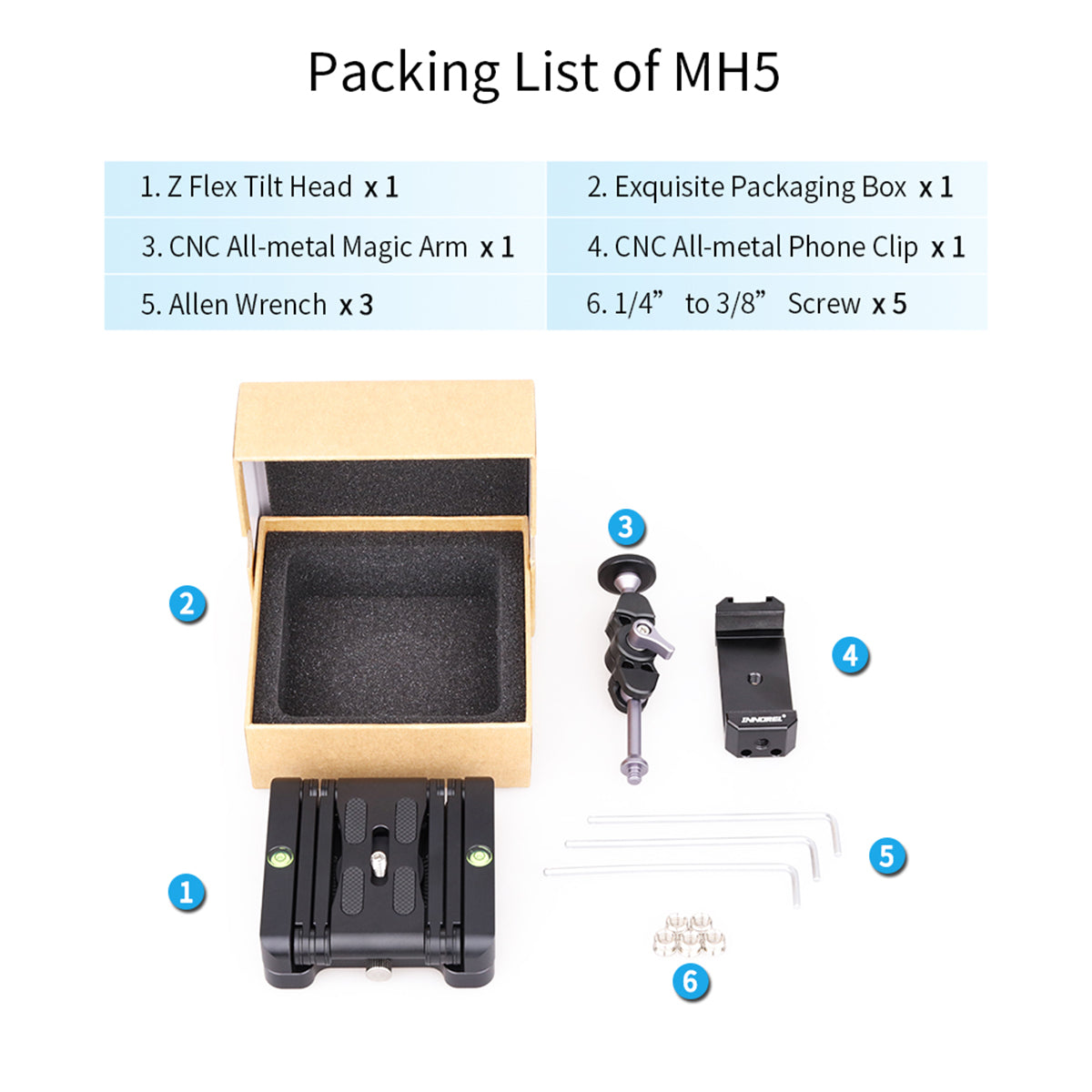 INNOREL MH5 Z-Flex tilt tripod head package including Z Pan magic arm phone clip