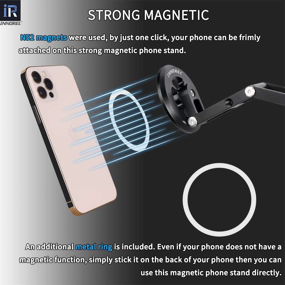 N52 magnets were used, by just one click your phone can be frimly attached on this strong magnetic phone stand