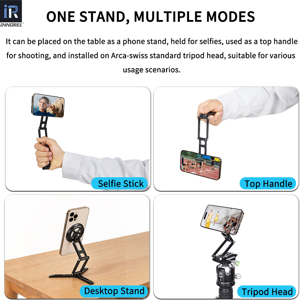 placed on the table as a phone stand held for selfies used as a top handle for shooting, and installed on Arca-swiss standard tripod head suitable for various usage scenarios