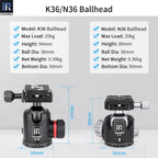 The N36/K36 ballhead diameter is 36mm, max load 20kg. All-metal structure, 0.01mm CNC technology.