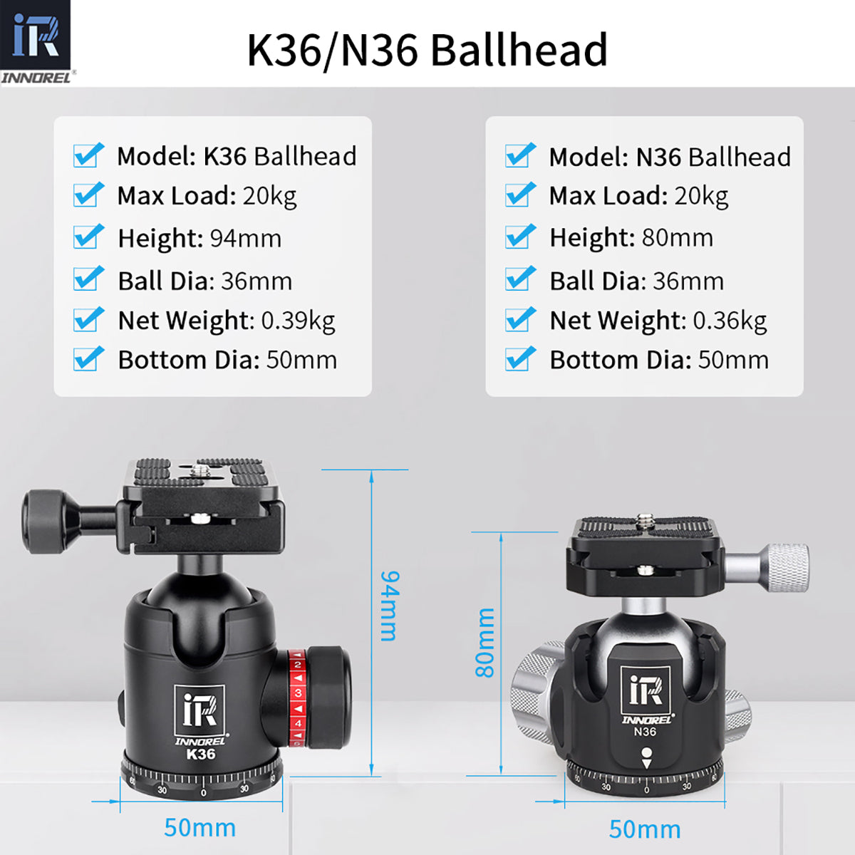 The N36/K36 ballhead diameter is 36mm, max load 20kg. All-metal structure, 0.01mm CNC technology.