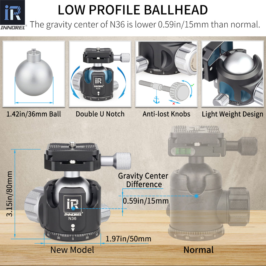INNOREL N36 ballhead features double U notch allows vertical shooting anti-lost knobs prevent losing parts
