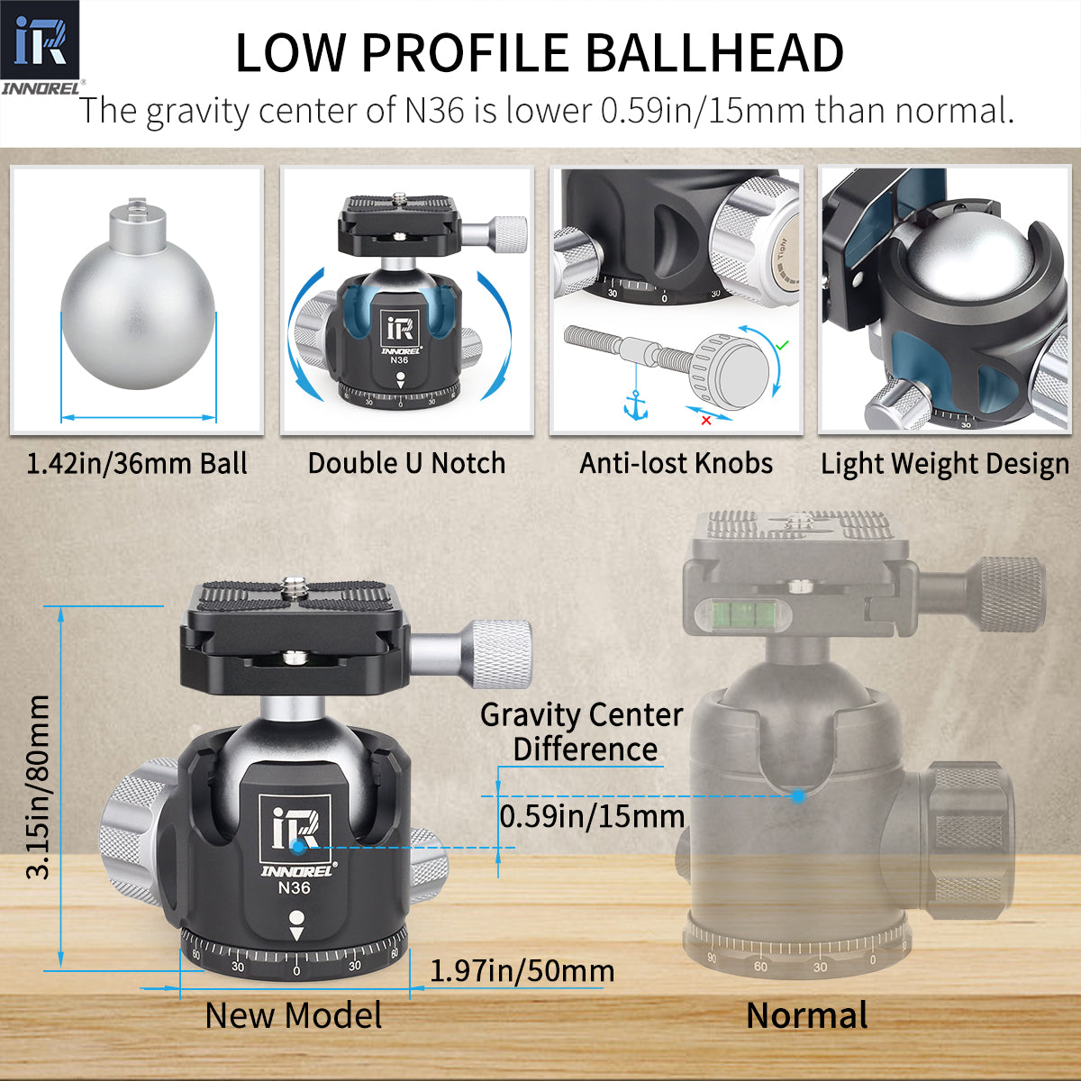 INNOREL N36 ballhead features Double U Notch allows vertical shooting anti-loss knobs prevent losing parts