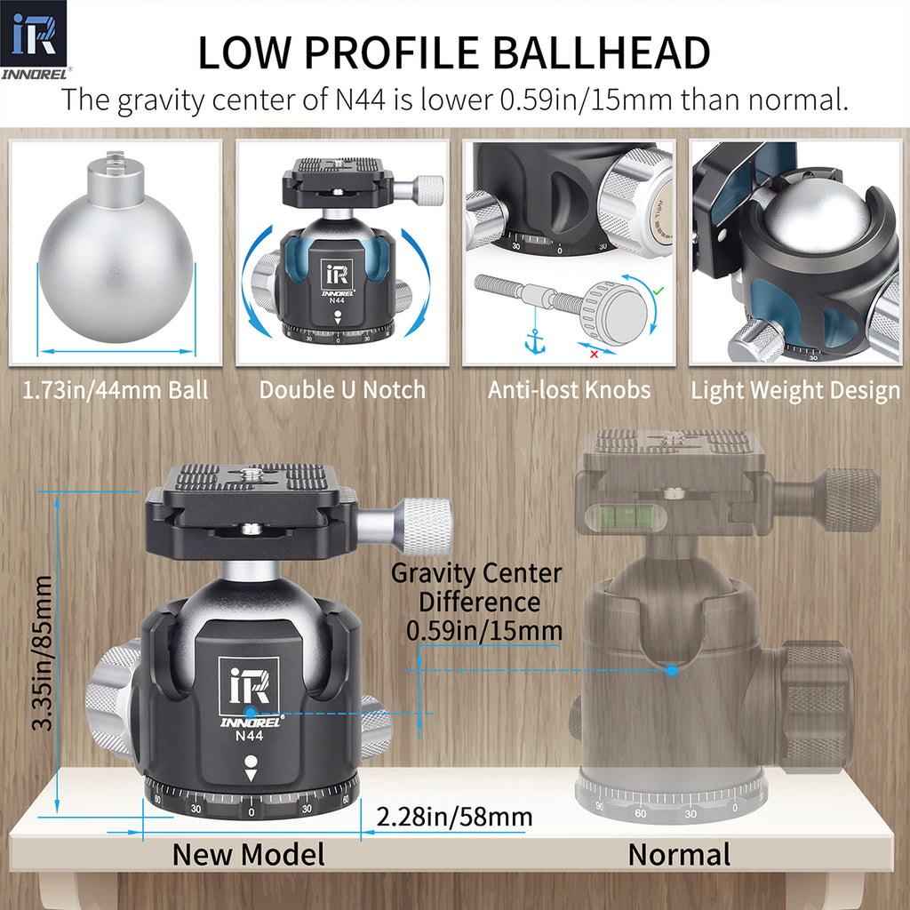 INNOREL N44 ballhead features double U notch allows vertical shooting anti-lost knobs prevent losing parts