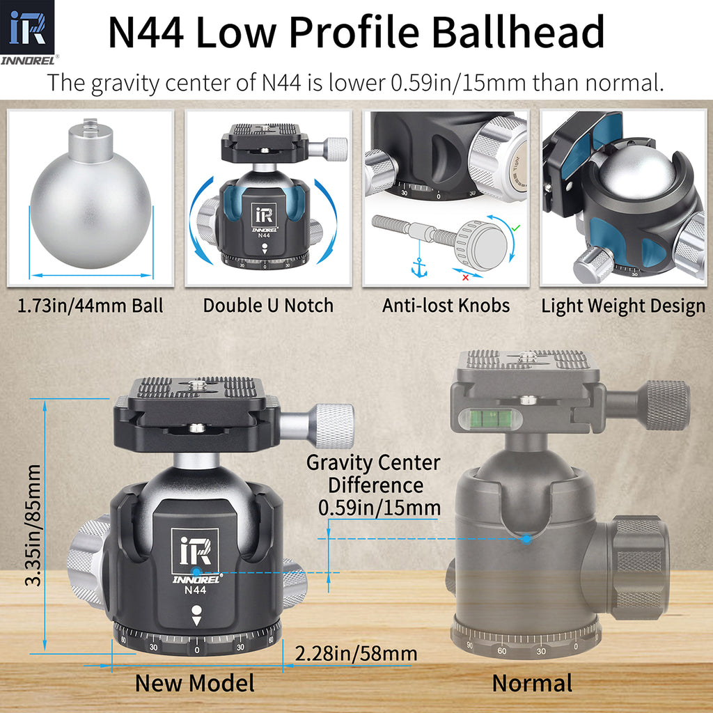 INNOREL N44 ballhead features double U notch allows vertical shooting anti-lost knobs prevent losing parts
