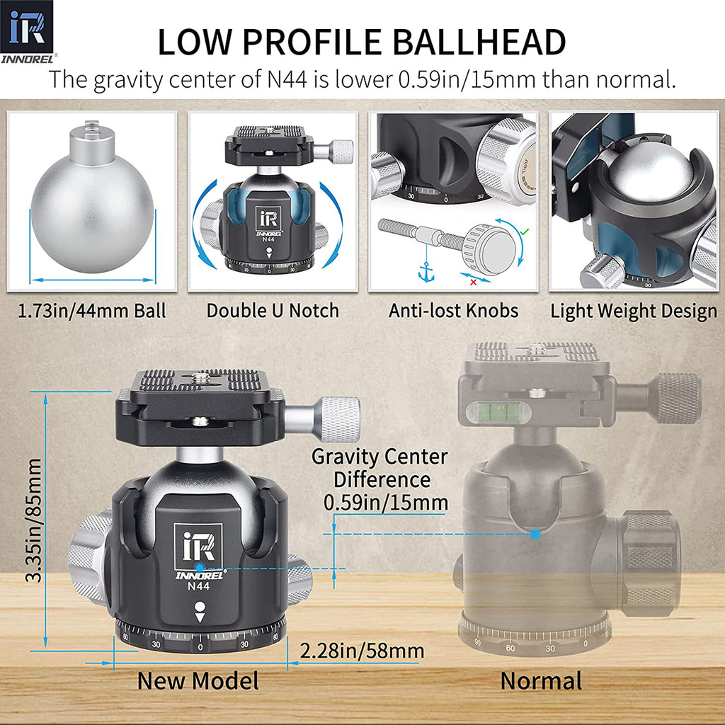 INNOREL N44 ballhead features Double U Notch allows vertical shooting anti-lost knobs prevent losing parts
