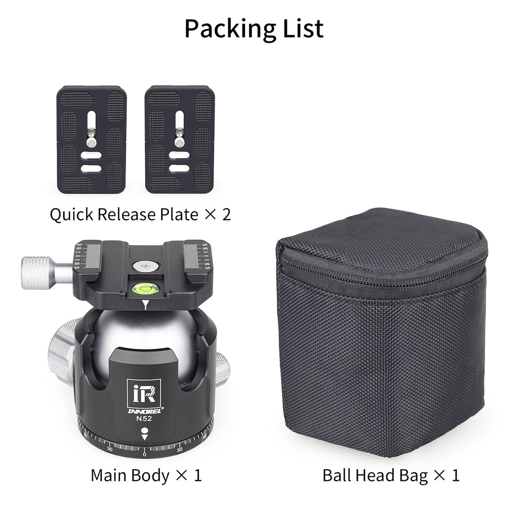 INNOREL N52 ballhead package including ballhead quick release plate ball head bag