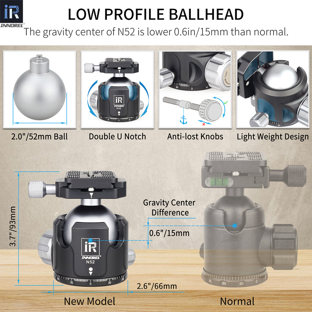 INNOREL N52 ballhead features double U notch allows vertical shooting anti-lost knobs prevent losing parts