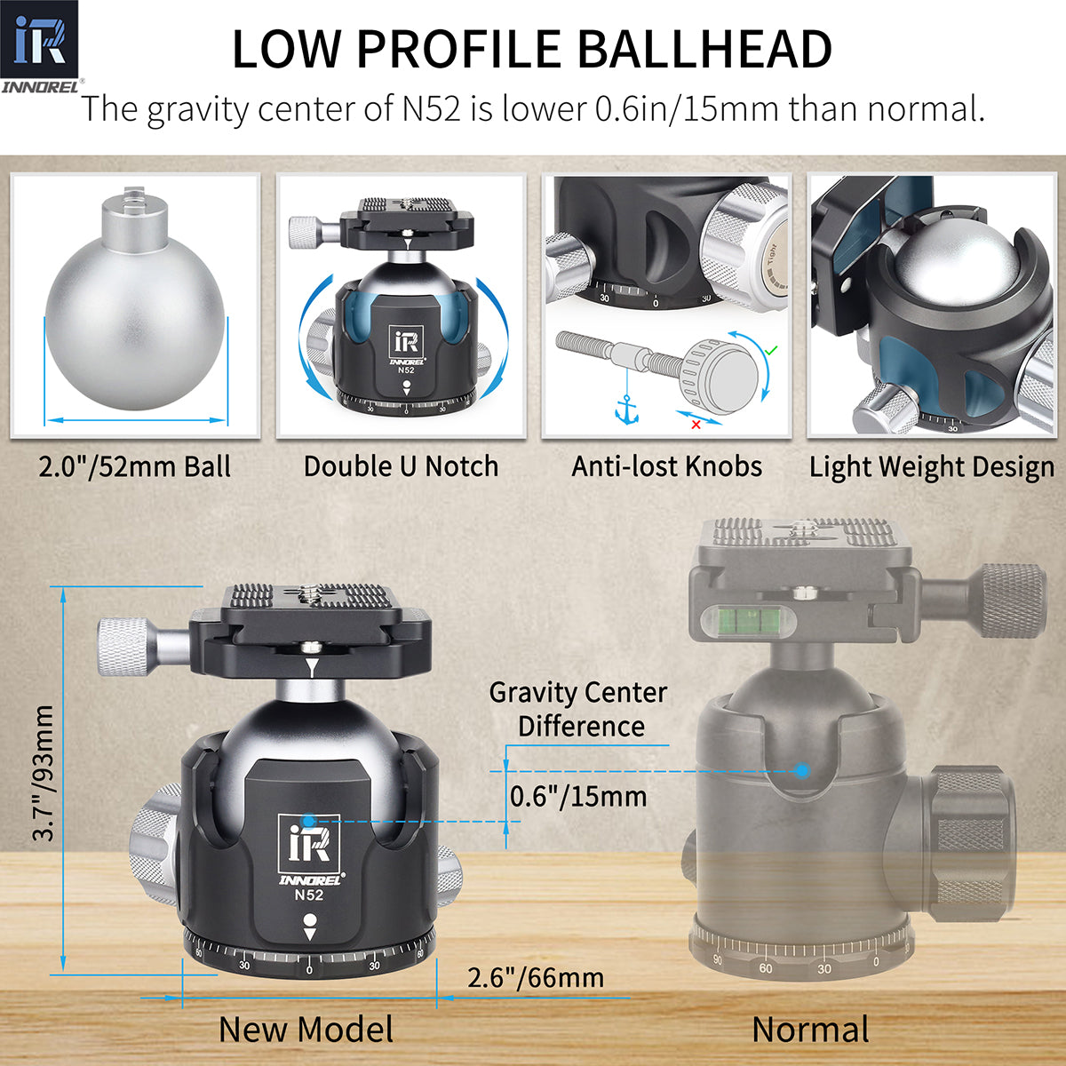 INNOREL N52 ballhead features double U notch allows vertical shooting anti-lost knobs prevent losing parts