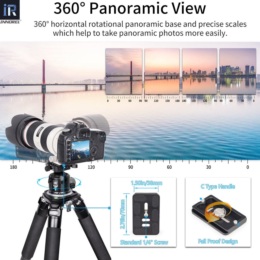 360° panoramic base, horizontal rotation, precise angle scales 30 60 90 120 180, C-type handle, 1/4" screw, 38mm 70mm dimensions, fall-proof design, INNOREL panorama photo accessory.