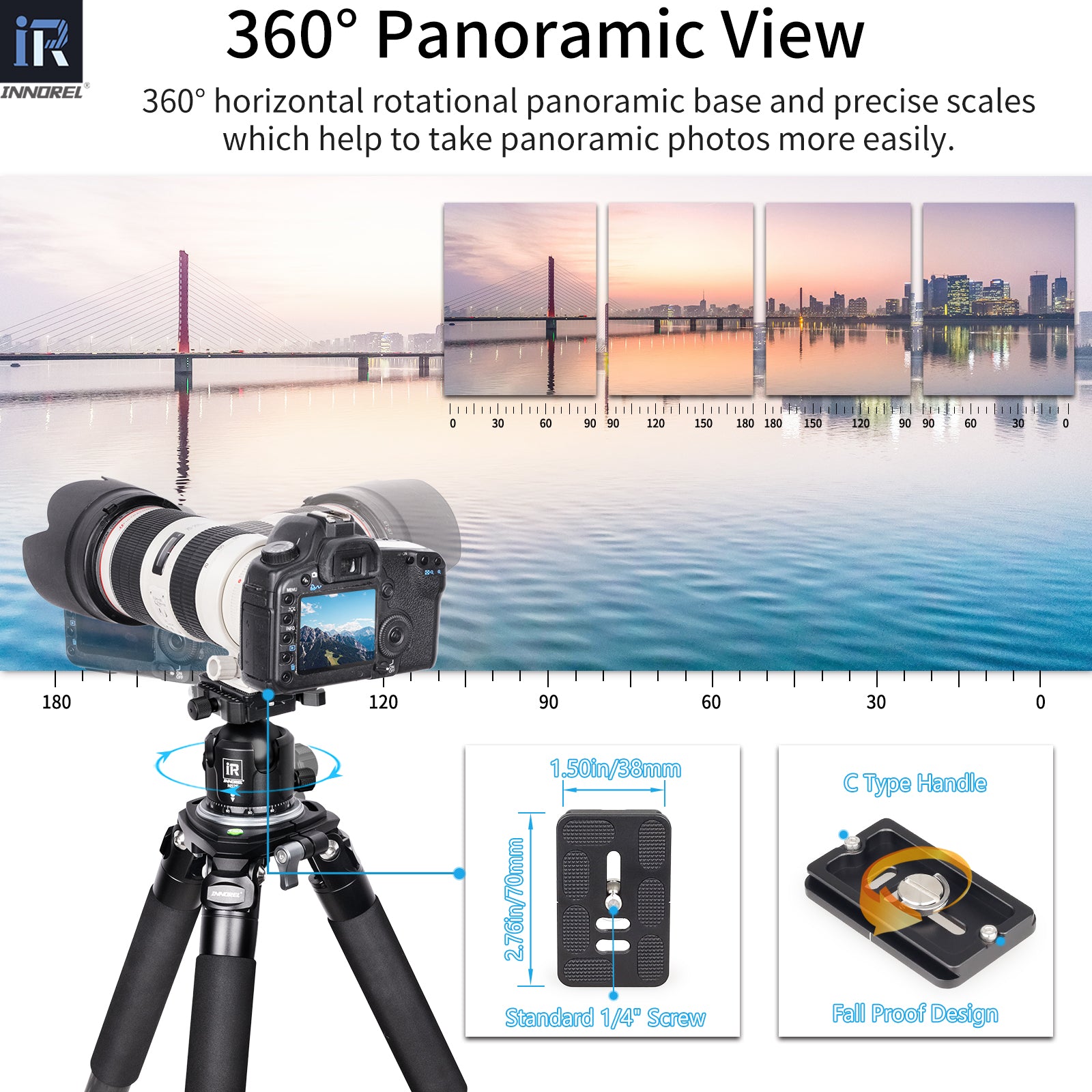 360° panoramic base, horizontal rotation, precise angle scales 30 60 90 120 180, C-type handle, 1/4" screw, 38mm 70mm dimensions, fall-proof design, INNOREL panorama photo accessory.