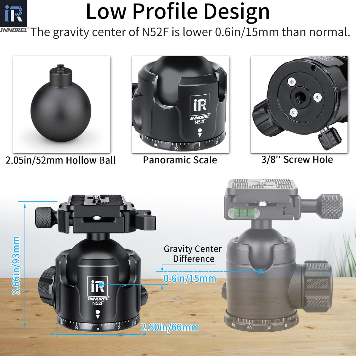 INNOREL N36F/N44F/N52F Black Low Profile Panoramic CNC Metal Ballhead