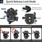 quick release lock mode, slide pin unlock, fully closed half closed fully open positions, QR plate installation steps, loosen twist knob insert plate lock buckle tighten knob, anti-accidental opening design, INNOREL quick release system tutorial.