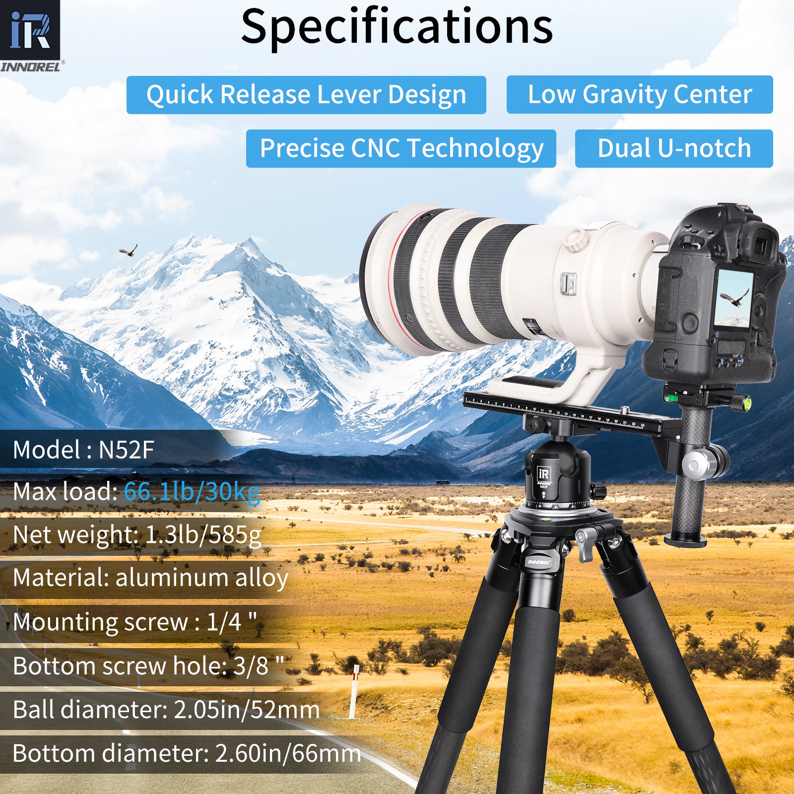 INNOREL N52F heavy-duty ballhead with 52mm/2.05in aluminum alloy ball, 30kg/66.1lb max load, quick release lever design, low gravity center, precise CNC machined, dual U-notch, 1/4" mounting screw and 3/8" bottom thread, net weight 585g/1.3lb, 66mm bottom diameter.