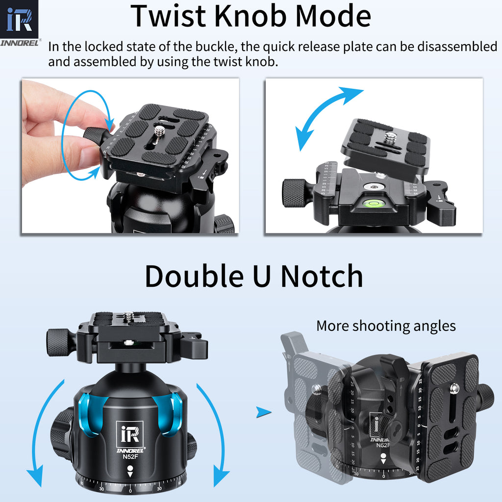 twist knob mode, QR plate assembly disassembly, locked buckle state, double U-notch, more shooting angles, quick release twist lock operation, INNOREL ballhead system tutorial.