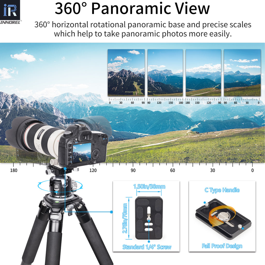 360° panoramic base, horizontal rotation, precise angle scales 30 60 90 120 180, C-type handle, 1/4" screw, 38mm 70mm dimensions, fall-proof design, INNOREL panorama photo accessory.