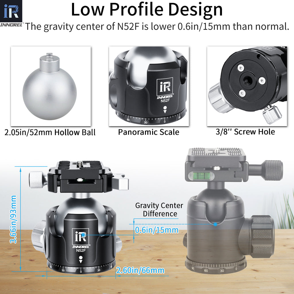 N52F low profile ballhead, 52mm hollow ball, panoramic scale, 0.6in 15mm lower gravity center vs normal, 3/8" screw hole, 93mm height, 66mm base diameter, INNOREL low CG camera accessory.