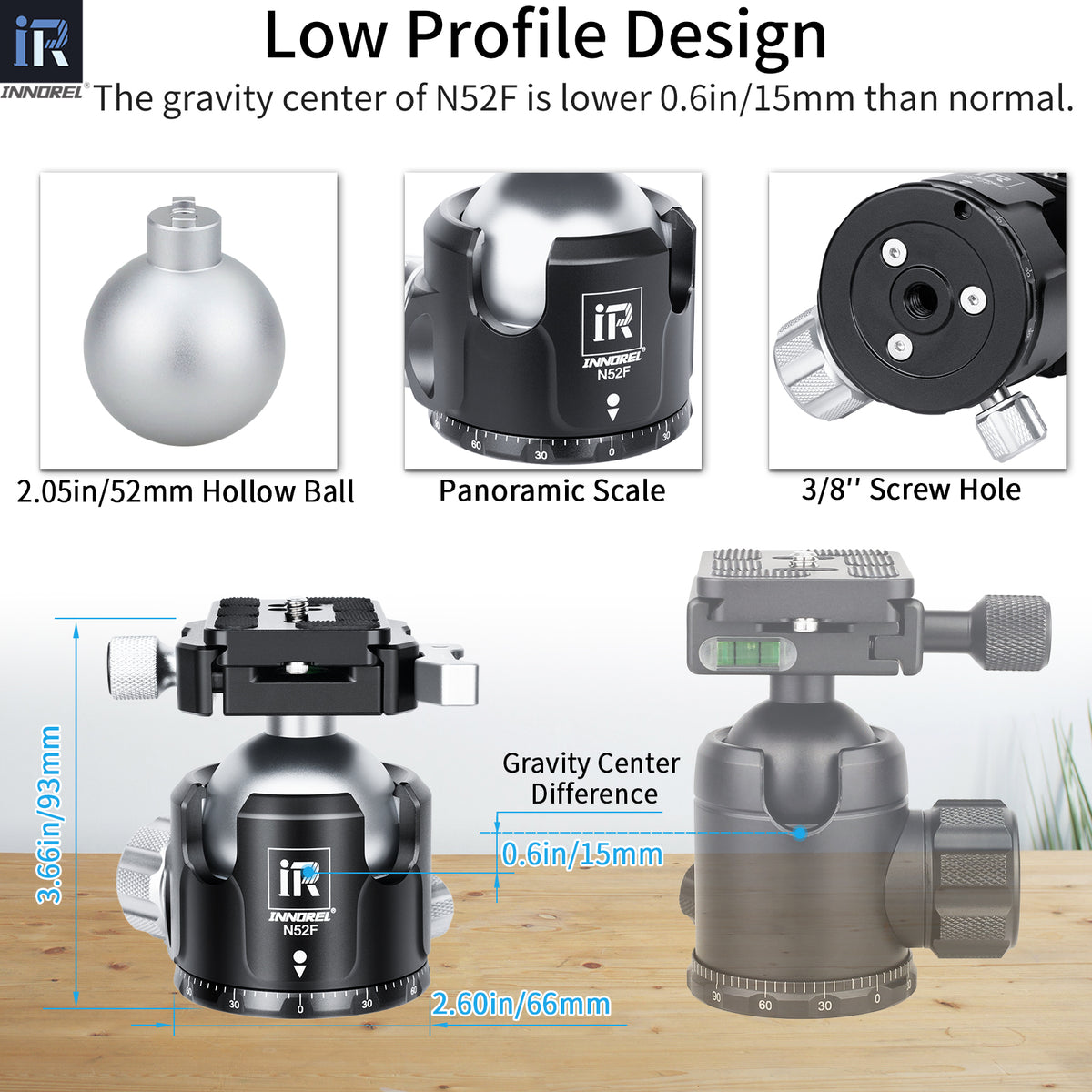 INNOREL N36F/N44F/N52F Silvery Quick Locking Low Profile Tripod Ball Head with 2 Plates