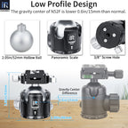 N52F low profile ballhead, 52mm hollow ball, panoramic scale, 0.6in 15mm lower gravity center vs normal, 3/8" screw hole, 93mm height, 66mm base diameter, INNOREL low CG camera accessory.