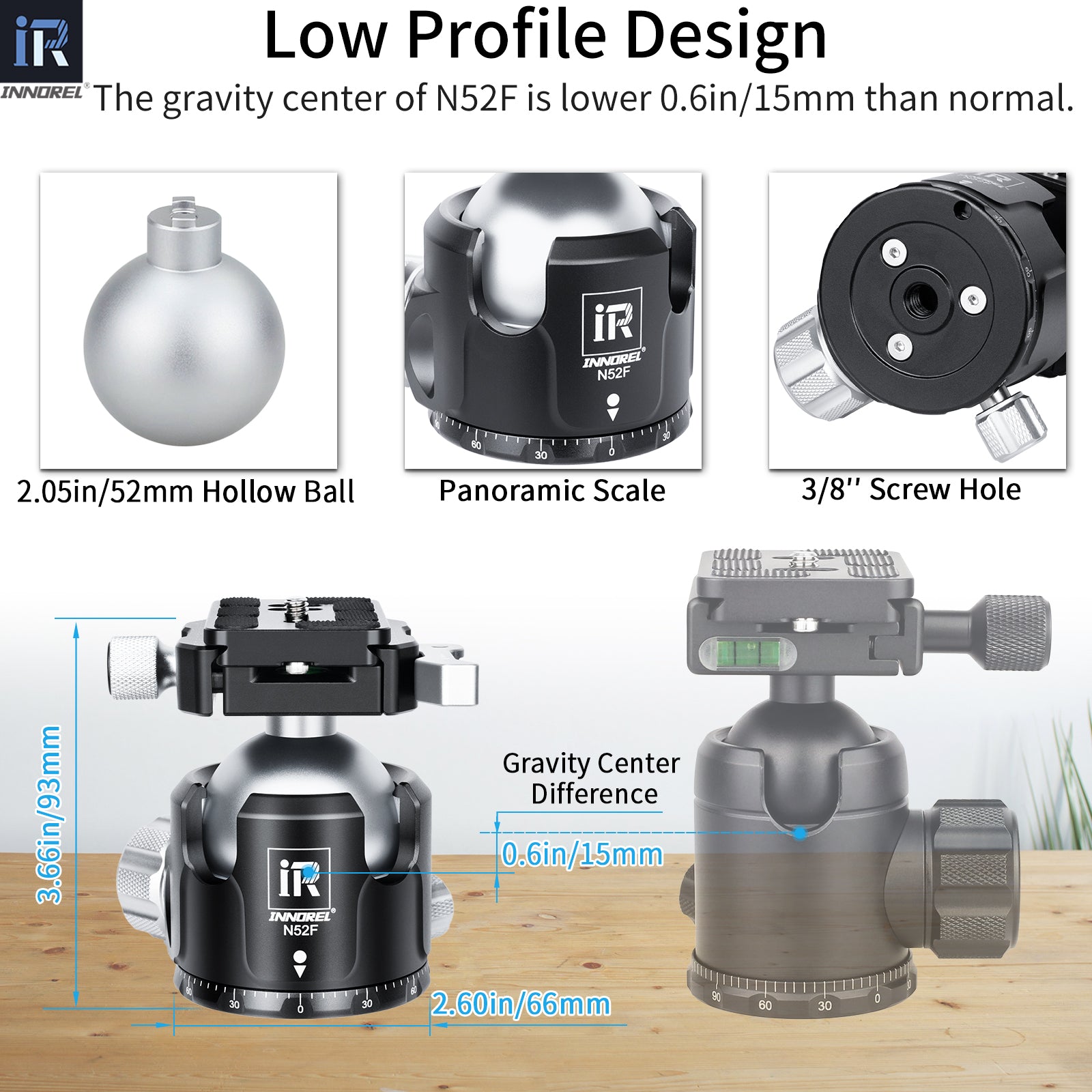 N52F low profile ballhead, 52mm hollow ball, panoramic scale, 0.6in 15mm lower gravity center vs normal, 3/8" screw hole, 93mm height, 66mm base diameter, INNOREL low CG camera accessory.