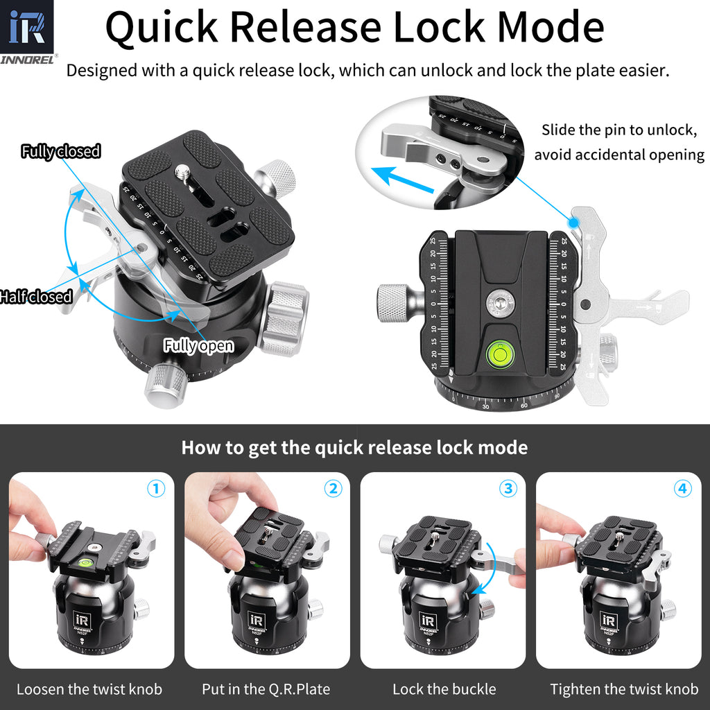quick release lock mode, slide pin unlock, fully closed half closed fully open positions, QR plate installation steps, loosen twist knob insert plate lock buckle tighten knob, anti-accidental opening design, INNOREL quick release system tutorial.