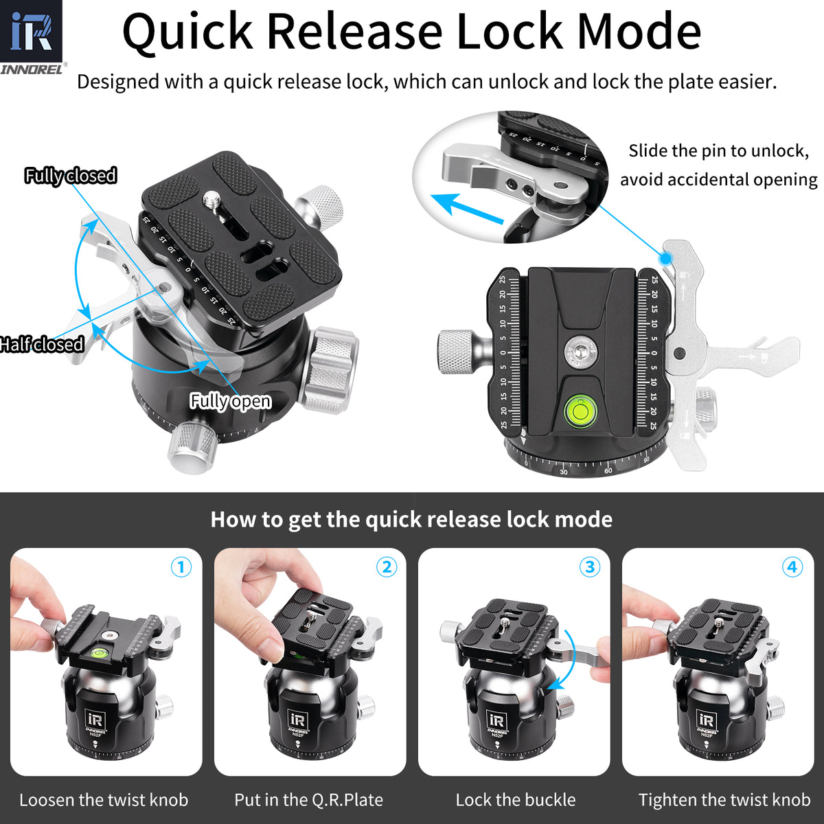 INNOREL N36F/N44F/N52F Silvery Quick Locking Low Profile Tripod Ball Head with 2 Plates