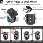 quick release lock mode, slide pin unlock, fully closed half closed fully open positions, QR plate installation steps, loosen twist knob insert plate lock buckle tighten knob, anti-accidental opening design, INNOREL quick release system tutorial.