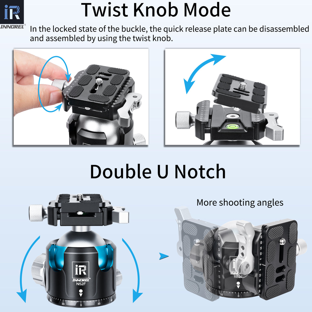INNOREL N36F/N44F/N52F Silvery Quick Locking Low Profile Tripod Ball Head with 2 Plates